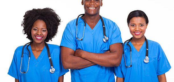 group of black doctors and nurses isolated on white background